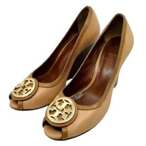TORY BURCH~Leticia~LEATHER PEEP-TOE~MID-HEEL WEDGE SHOES TAN & BROWN SZ 6.5M